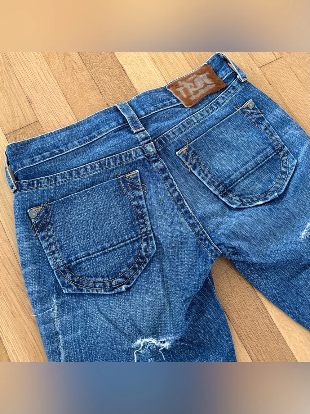 Vintage True Religion Geno Pony Hair Patch Distressed Denim Jorts Cutoff 31/32